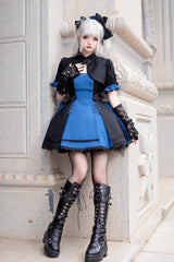 Black/Blue [Night Liana] Ruffle Bowknot Lace-Up Sweet Japanese Lolita Jumper Dress Set - Product - 4