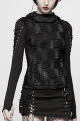 Black Long Sleeves Slim Hooded Ripped Women's Steampunk T-Shirt - Black - 1