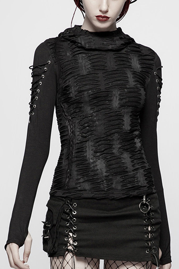 Black Long Sleeves Slim Hooded Ripped Women's Steampunk T-Shirt - Black - 1