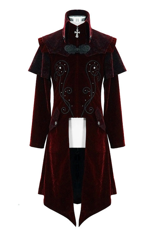 Red Gothic Stand Collar Velveteen Mens Coat - Product - 4