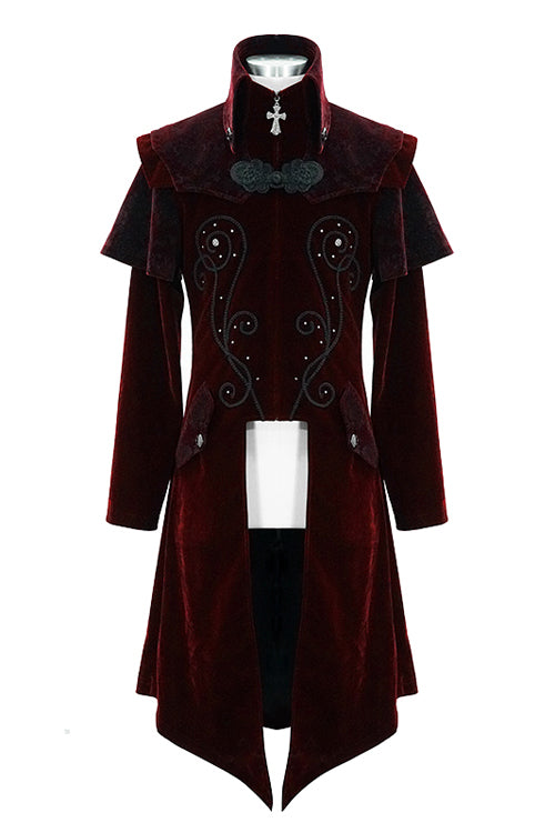 Red Gothic Stand Collar Velveteen Mens Coat - Product - 4