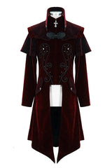 Red Gothic Stand Collar Velveteen Mens Coat - Product - 4
