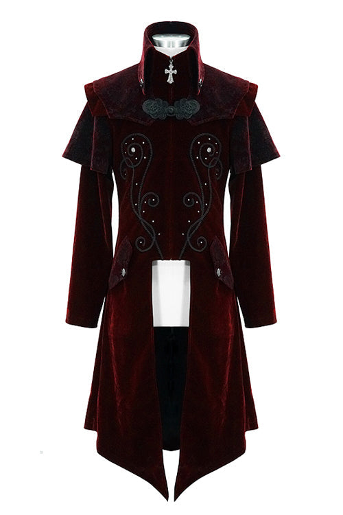 Red Gothic Stand Collar Velveteen Mens Coat - Product - 4