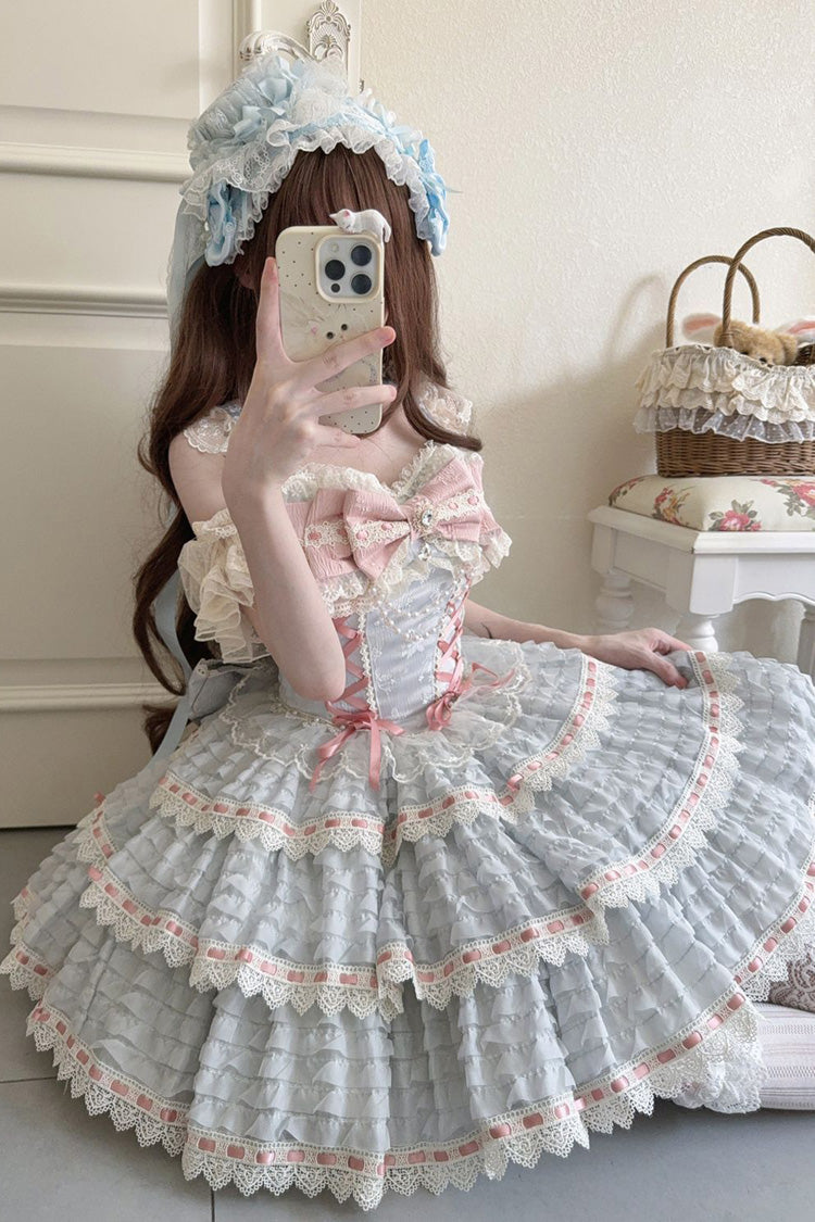 Blue [Song of Floral Letters] Sleeveless Triple-Layered Bowknot Lace-Up Sweet Lolita Jsk Dress - Product - 3