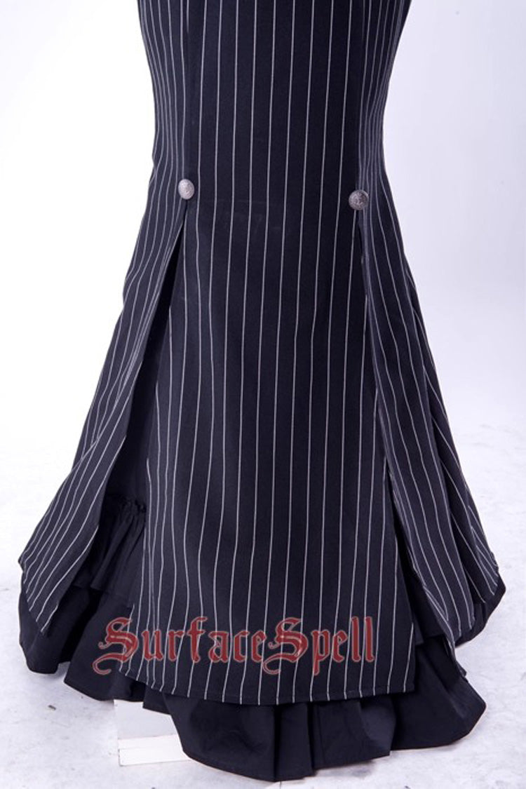 Black [Lorelei] Double-Layered Striped Print Ruffle Gothic Elegant Lolita Mermaid Maxi Skirt - Product - 6
