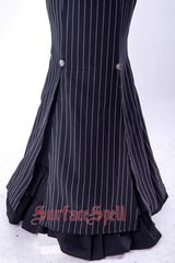 Black [Lorelei] Double-Layered Striped Print Ruffle Gothic Elegant Lolita Mermaid Maxi Skirt - Product - 6