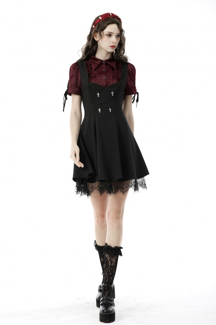 Wine Red Point Collar Short Puff Sleeves Ruffled Women's Gothic Elegant Blouse - Product - 10