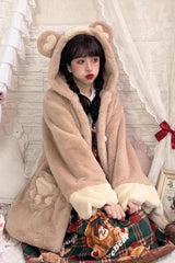 [Sleepy Bear] Long Sleeves Plush Thickened Hooded Sweet Lolita Coat 2 Colors - Brown - 3