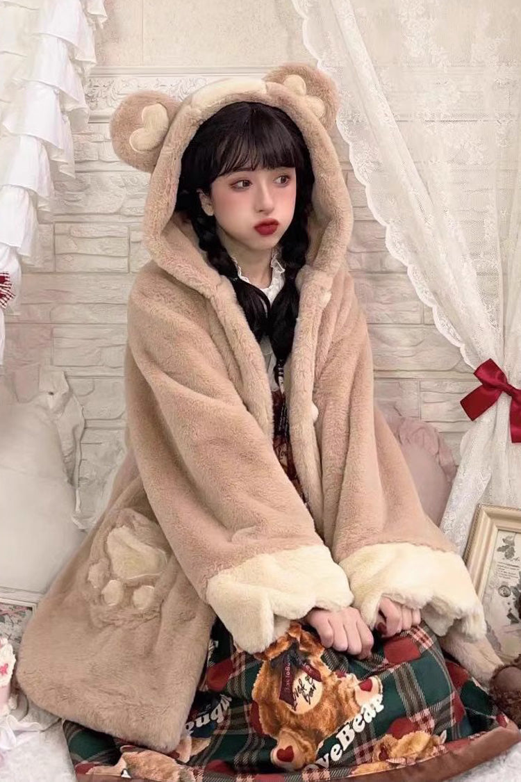[Sleepy Bear] Long Sleeves Plush Thickened Hooded Sweet Lolita Coat 2 Colors - Brown - 3
