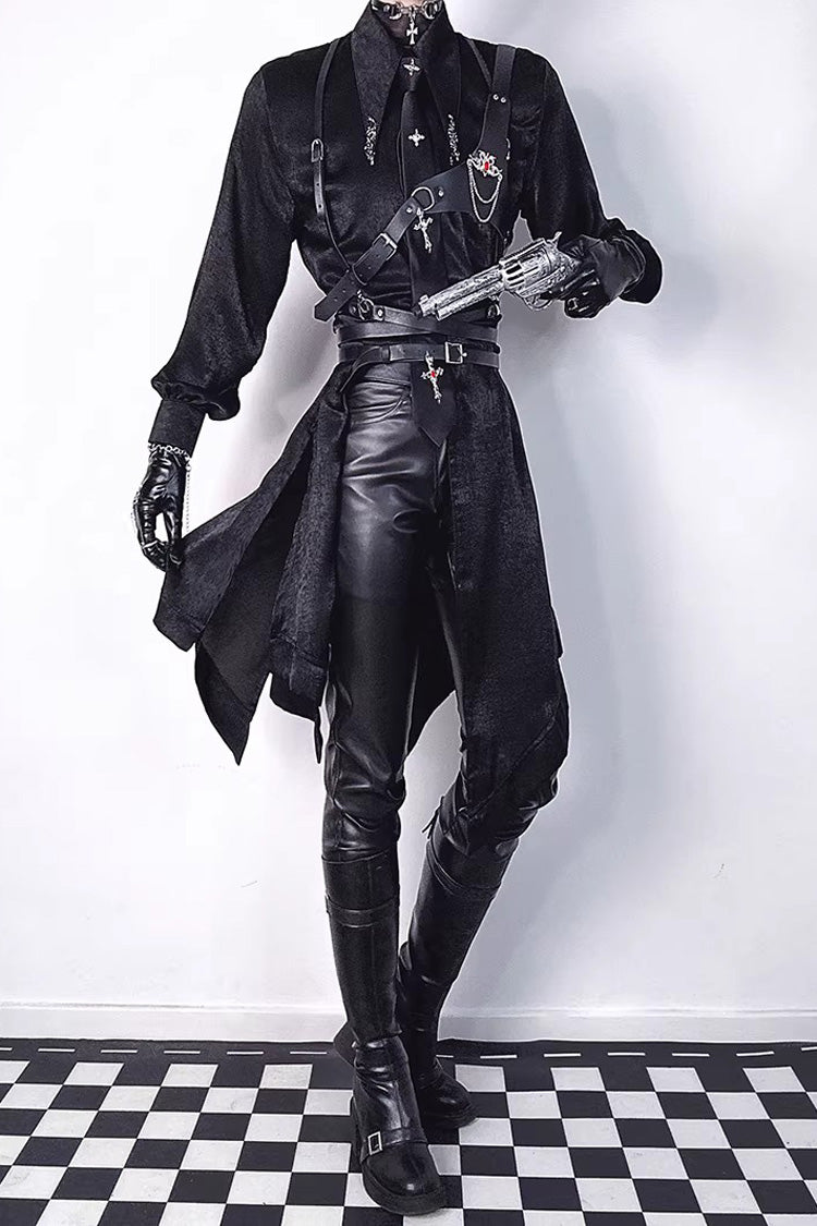Black Slim Single-Layer Thin Ouji Gothic Lolita Leather Pants - Product - 4
