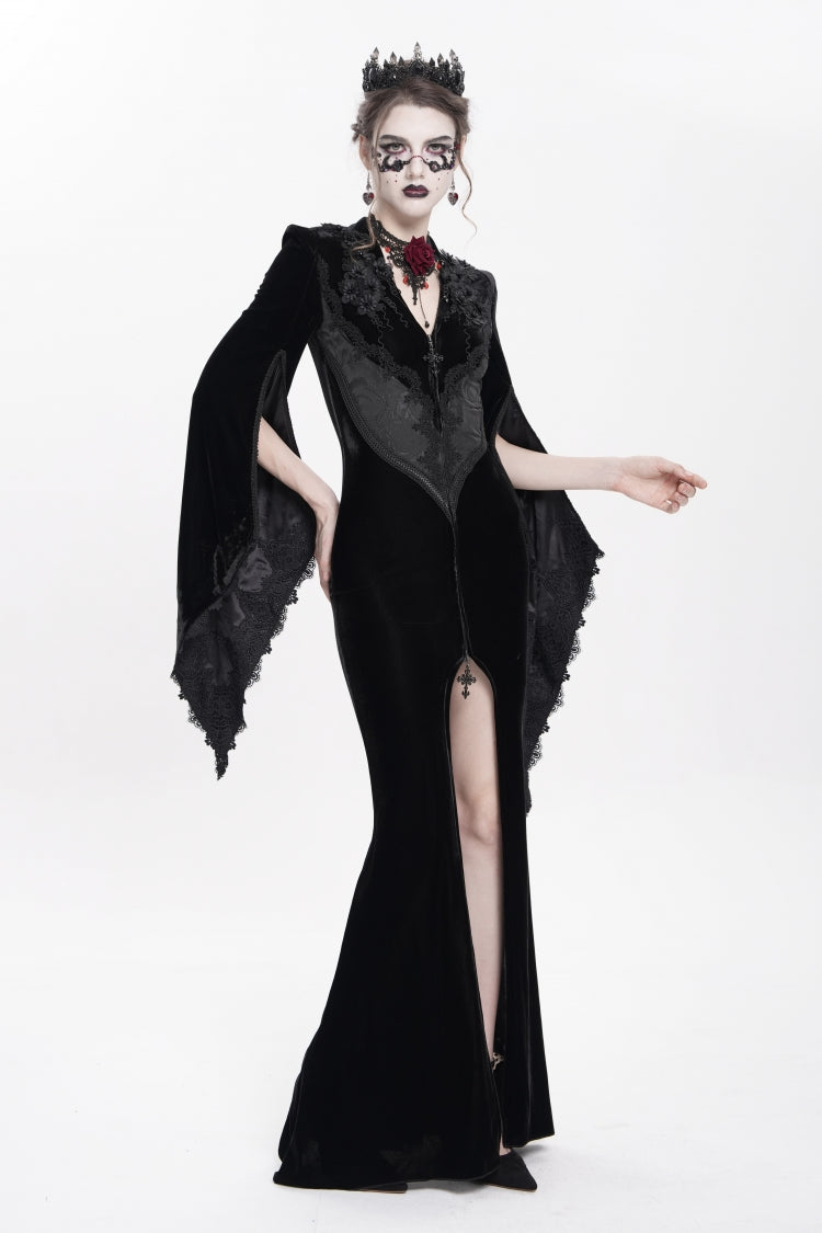 Black V Collar Long Trumpet Sleeves Floral Embroidered Velvet Women's Gothic Dress - Product - 9