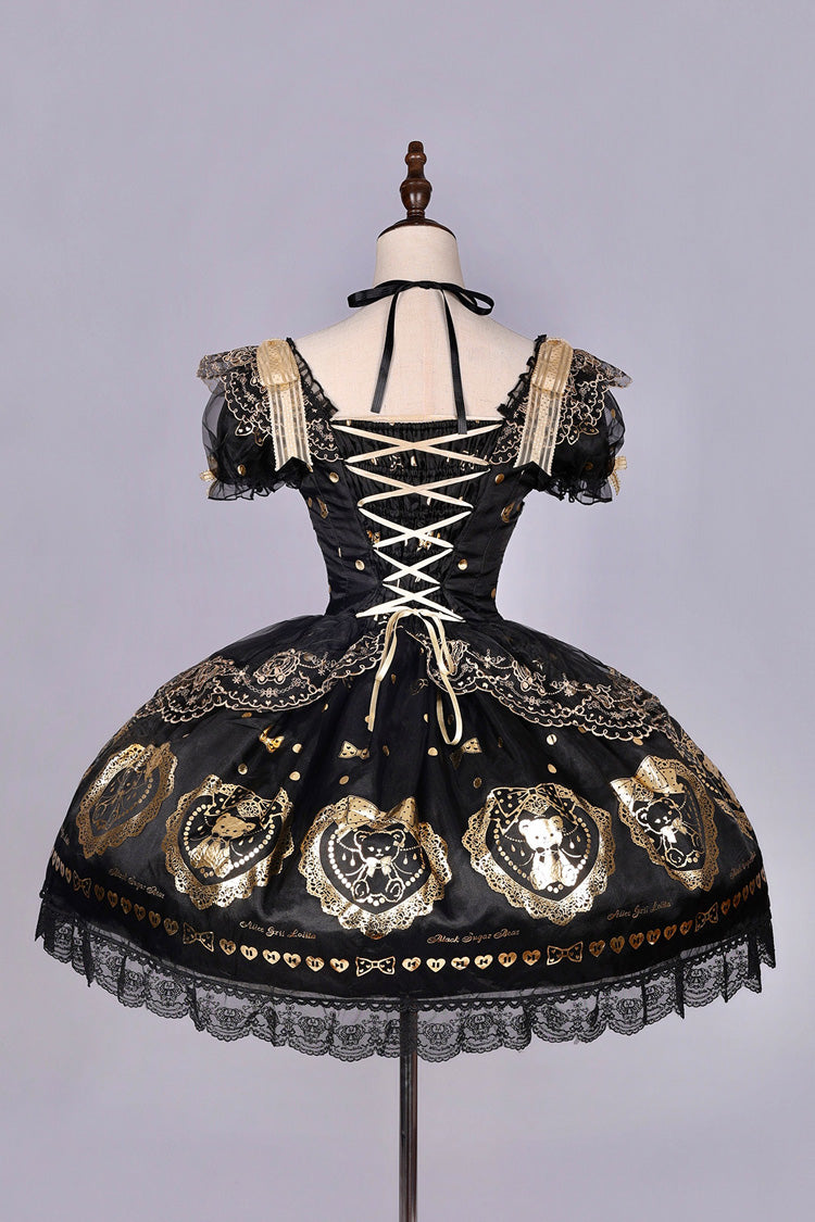 Black/Gold [Sugar Bear] Jacquard Ruffled Bow Lace Sweet Classic Lolita Dress 2 Versions - Product - 11
