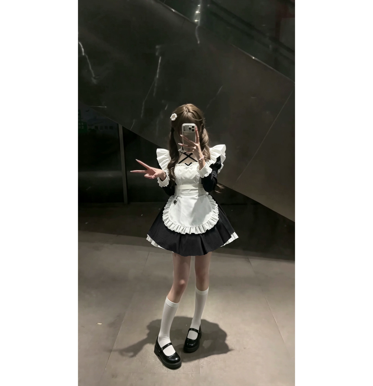Red and Black Ruffled Maid Lolita Dress with Apron Bow Accent - view 7