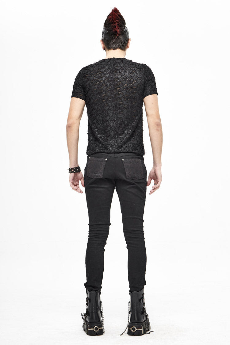 Black Broken Holes Thick Stripes Chest Lace-Up Knit Short Sleeve Men's Punk T-Shirt - Product - 6