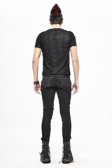 Black Broken Holes Thick Stripes Chest Lace-Up Knit Short Sleeve Men's Punk T-Shirt - Product - 6