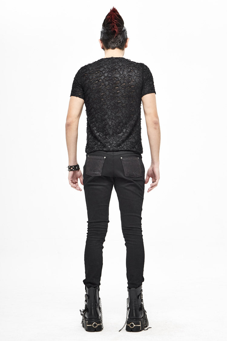 Black Broken Holes Thick Stripes Chest Lace-Up Knit Short Sleeve Men's Punk T-Shirt - Product - 6