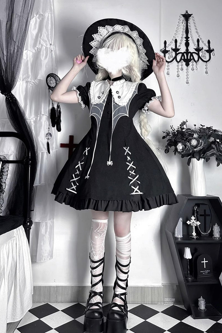 Black Short Sleeves Spider Witch Print Ruffle Gothic Lolita Dress - Black - 1