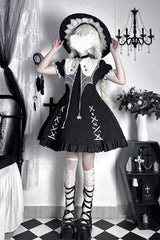 Black Short Sleeves Spider Witch Print Ruffle Gothic Lolita Dress - Black - 1