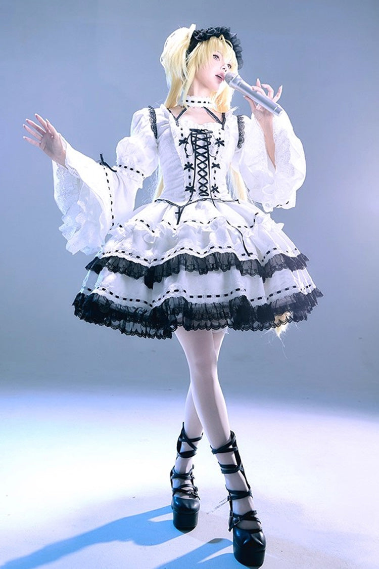 White [Witch] Long Trumpet Sleeves Double-Layered Ruffle Bowknot Lace-Up Gothic Lolita Skirt Dress Set - White - 1