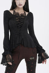Black Ruffled Lace Splice Women's Gothic Shirt - Black - 1