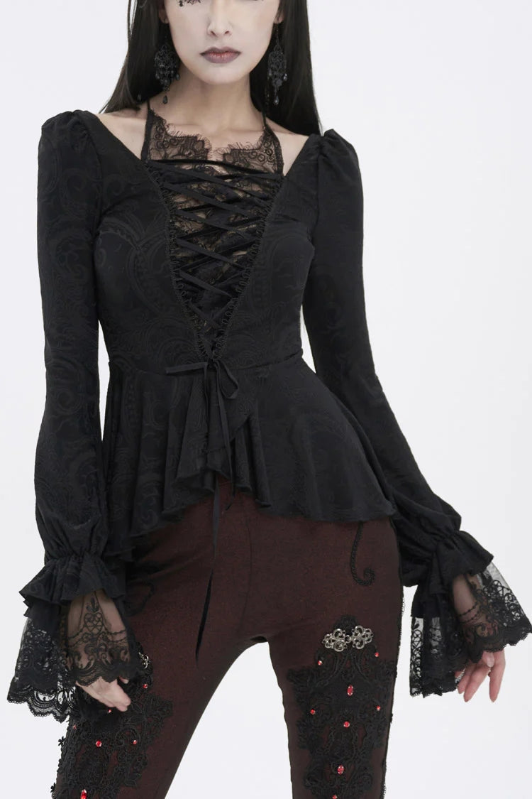 Black Ruffled Lace Splice Women's Gothic Shirt - Black - 1