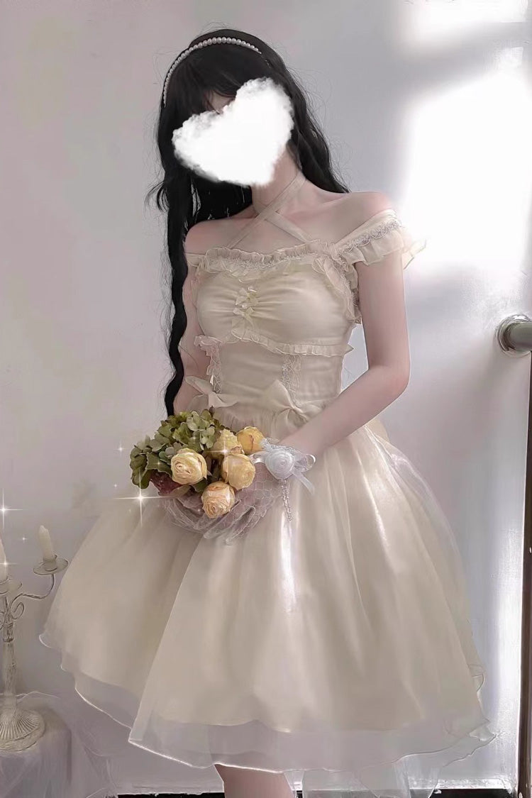 Spring Confession Ruffle Bowknot Mesh Sweet Lolita Jsk Dress (Long and Short Version) 2 Colors - Ivory - 2