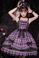 Pink/Black High Waist Stitching Bowknot Ruffled Plaid Slimming Sweet Lolita Jsk Dress (Hat & Collar are included) - Product - 2