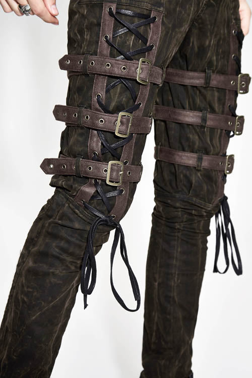 Brown Steampunk Multi Loops Embroider Lace Up Mens Pants - Product - 7