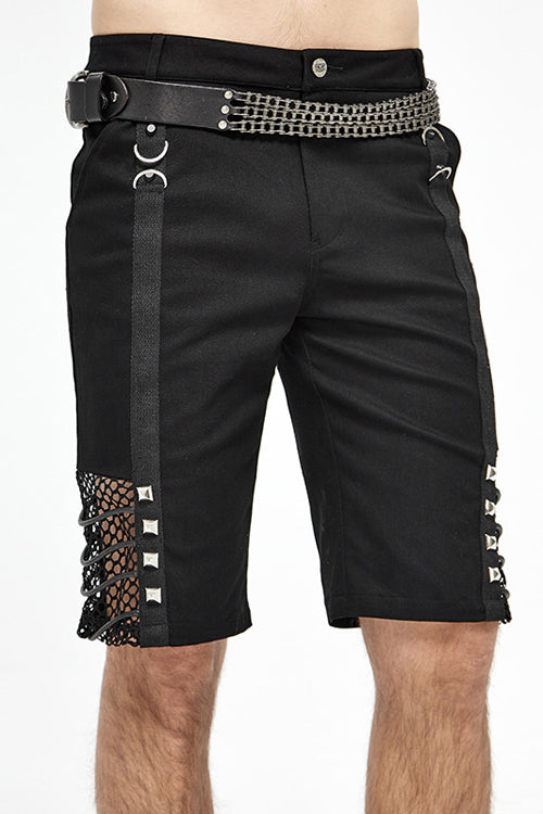 Black Punk Rough Rope Mesh Spliced Mens Fifth Pants - Product - 4
