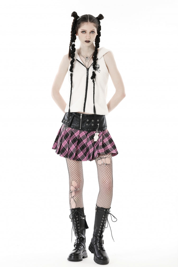 Black/Pink Women's Punk Grunge Zippered Faux Leather Spliced Plaid Pleated Mini Skirt - Product - 9