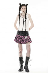 Black/Pink Women's Punk Grunge Zippered Faux Leather Spliced Plaid Pleated Mini Skirt - Product - 9