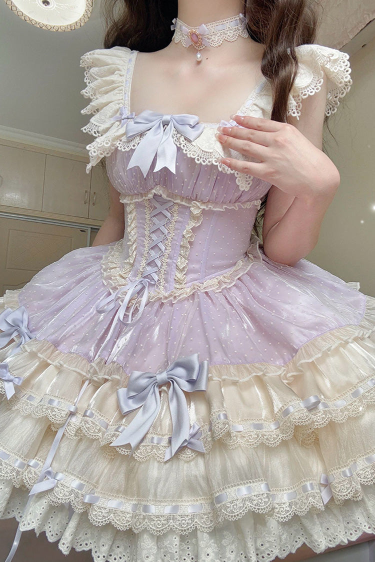 Purple [Flory Butterfly] Double-Layered Ruffle Bowknot Lace Lace-Up Sweet Ballet Lolita Jsk Dress - Product - 3