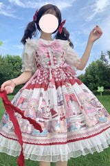 Red Plush Bear and Doll Print Ruffle Bowknot Lace Sweet Lolita Jsk Dress - Product - 6