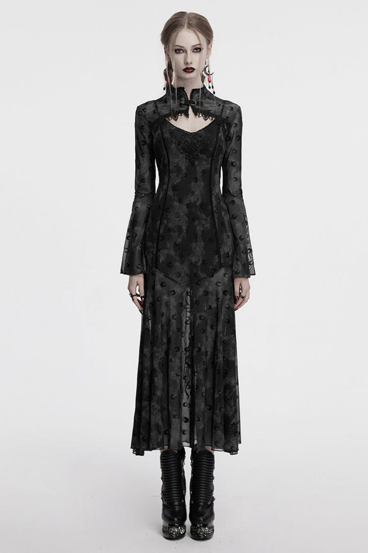 Grey Long Sleeves Print Hollow Mesh Women's Gothic Slip Dress with Cape - Grey - 1