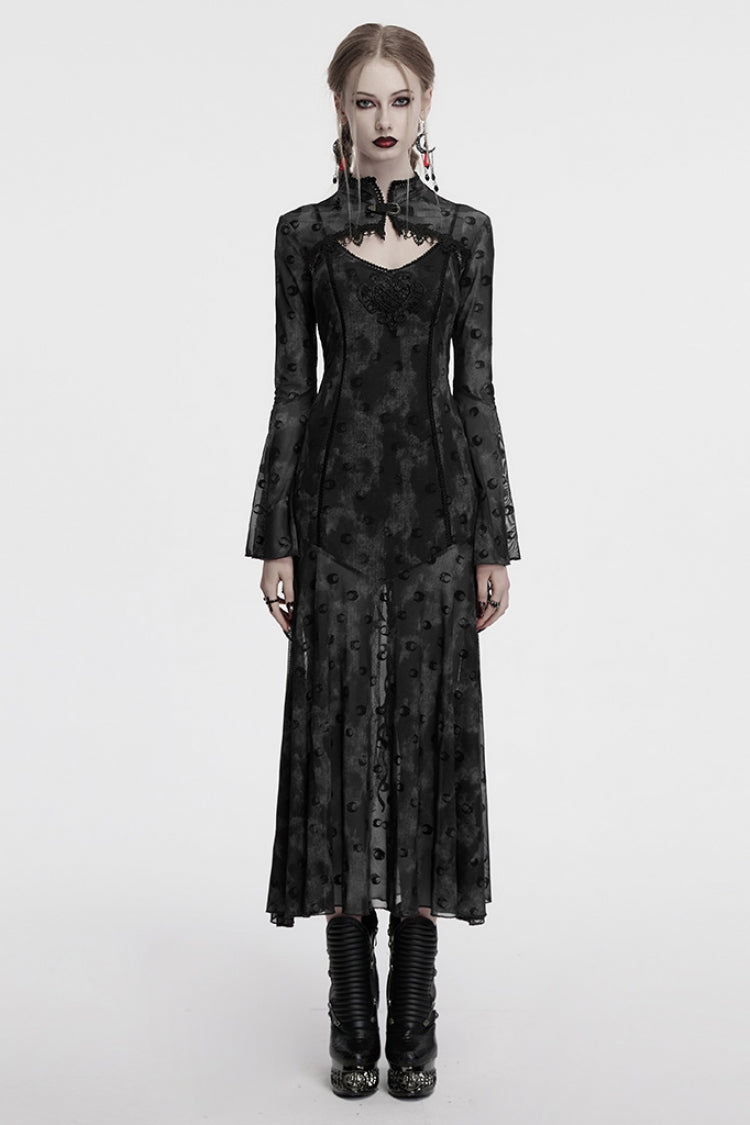 Grey Long Sleeves Print Hollow Mesh Women's Gothic Slip Dress with Cape - Grey - 1