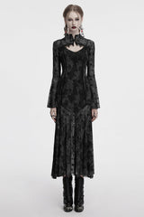 Grey Long Sleeves Print Hollow Mesh Women's Gothic Slip Dress with Cape - Grey - 1