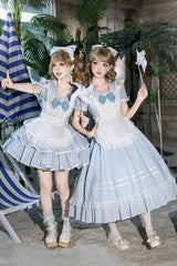 Blue [Seven Day Bell] Navy Collar Short Sleeves Printed Ruffled Bow Sweet Lolita Dress 2 Versions - Product - 4