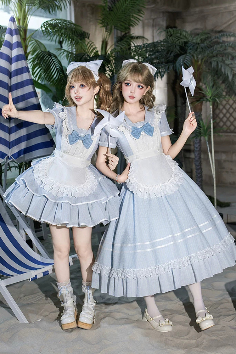 Blue [Seven Day Bell] Navy Collar Short Sleeves Printed Ruffled Bow Sweet Lolita Dress 2 Versions - Product - 4