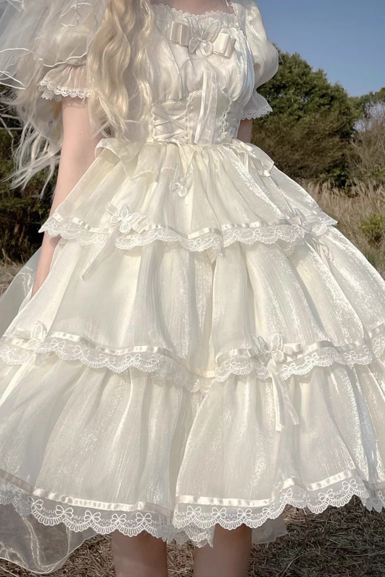 Ivory Square Collar Short Sleeves High Waisted Multi-layer Ruffle Sweet Plus Size Lolita Dress - Product - 6