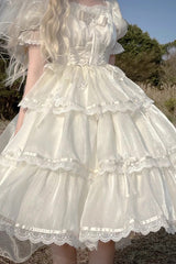 Ivory Square Collar Short Sleeves High Waisted Multi-layer Ruffle Sweet Plus Size Lolita Dress - Product - 6