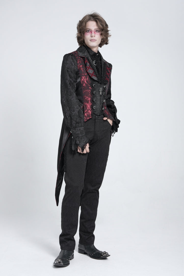 Black/Red Sleeveless Lace-Up Zipper Men's Gothic Swallow-tailed Vest - Product - 7