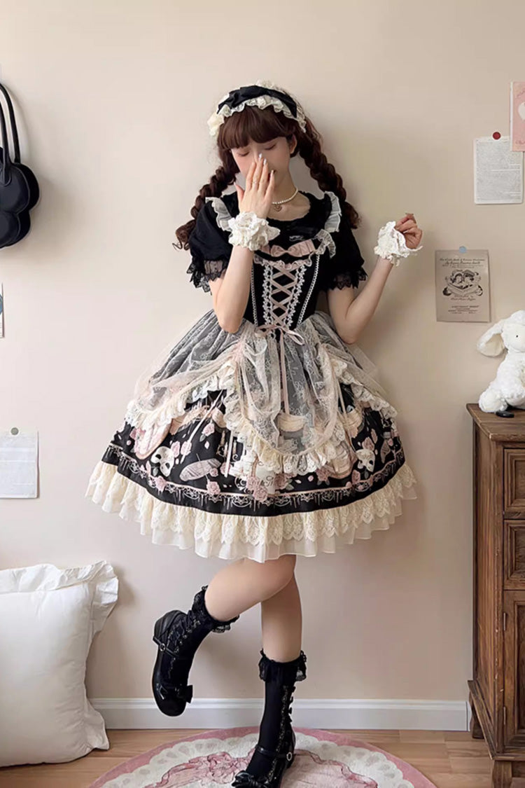 Black Sleeveless Rose Prologue Print Ruffle Bowknot Sweet Elegant Princess Lolita Jsk Dress - Product - 2