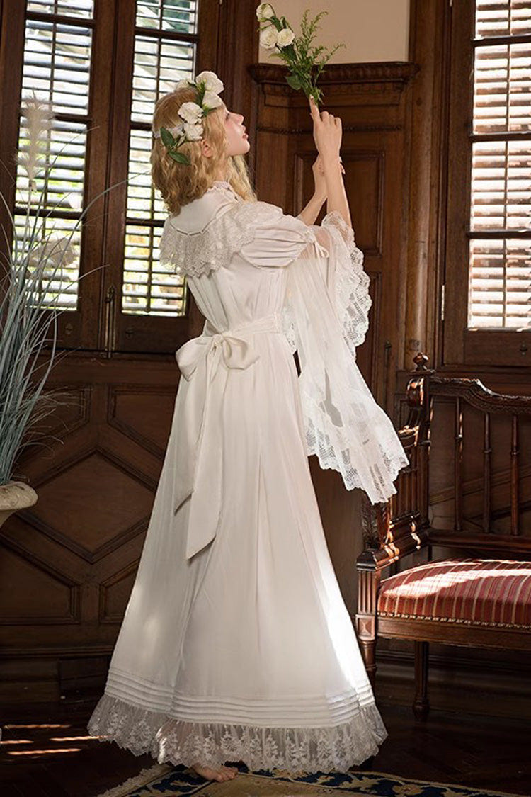White Long Trumpet Sleeves Ruffle Lace Sweet Elegant Princess Lolita Dress - Product - 5