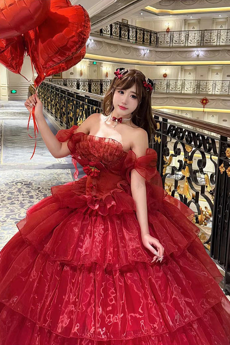 Red [Mousse Love Song] Sleeveless Multi-Layered Ruffled Hanayome Bow Sweet Lolita Dress - Product - 3