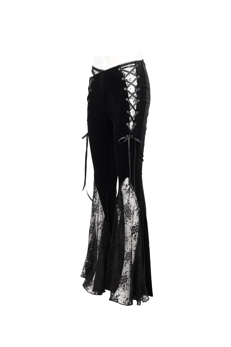 Black Velvet-Paneled Mesh Side-Adjustable Asymmetrical Women's Gothic Leggings - Product - 11
