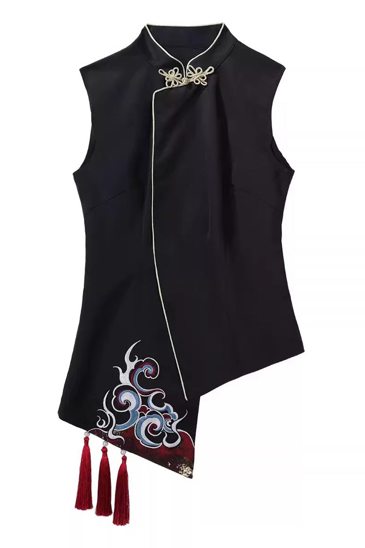 Black/White Stand Collar Single Long Sleeve Printed Embroidered Asymmetric Chinese Style Ouji Set - Top - 14