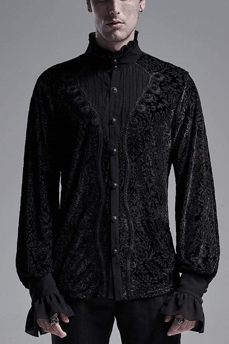 Black High Collar Lantern Sleeve Front Metal Retro Button Flounce Cuff Velveteen Knit Men's Gothic Shirt - Black - 1