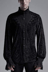 Black High Collar Lantern Sleeve Front Metal Retro Button Flounce Cuff Velveteen Knit Men's Gothic Shirt - Black - 1