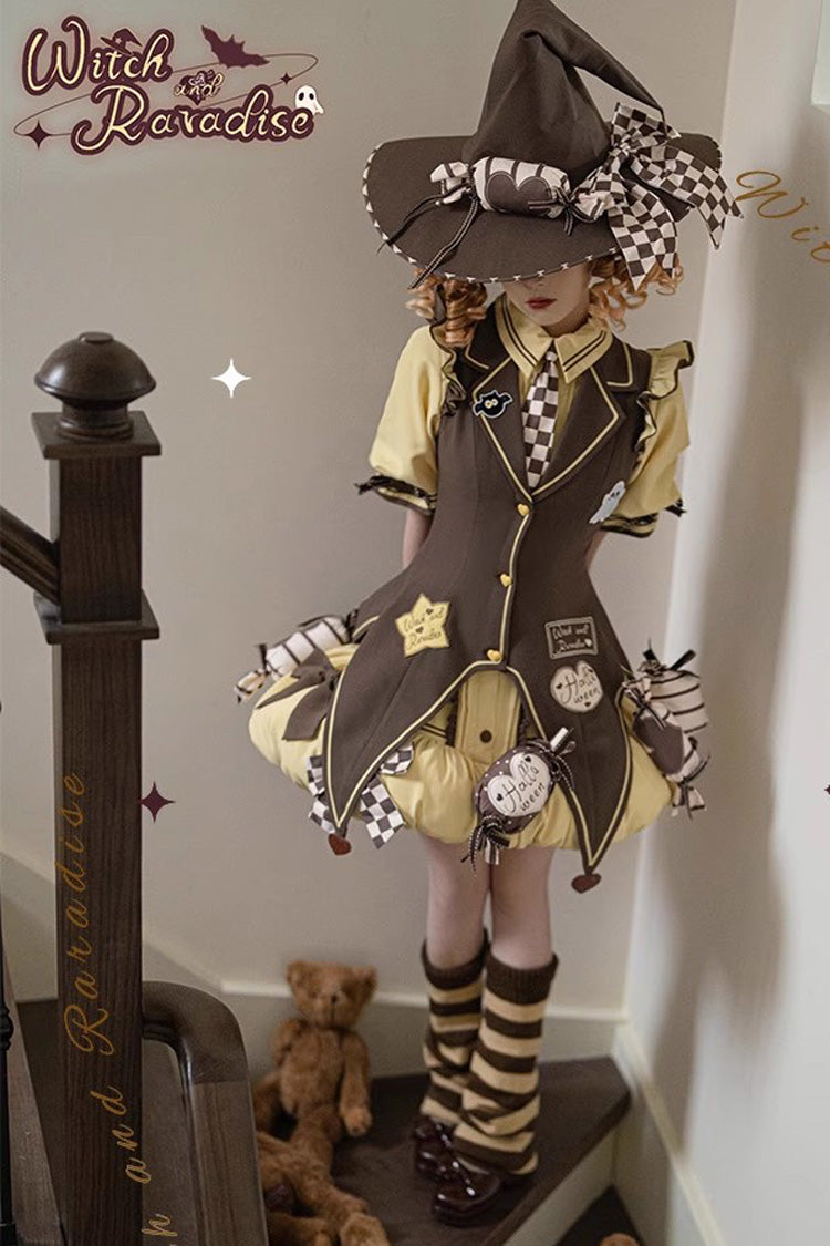 Brown/Yellow [Witch and Paradise] Short Sleeves Ruffle Bowknot Sweet Japanese Halloween Lolita Dress Vest Set - Product - 16