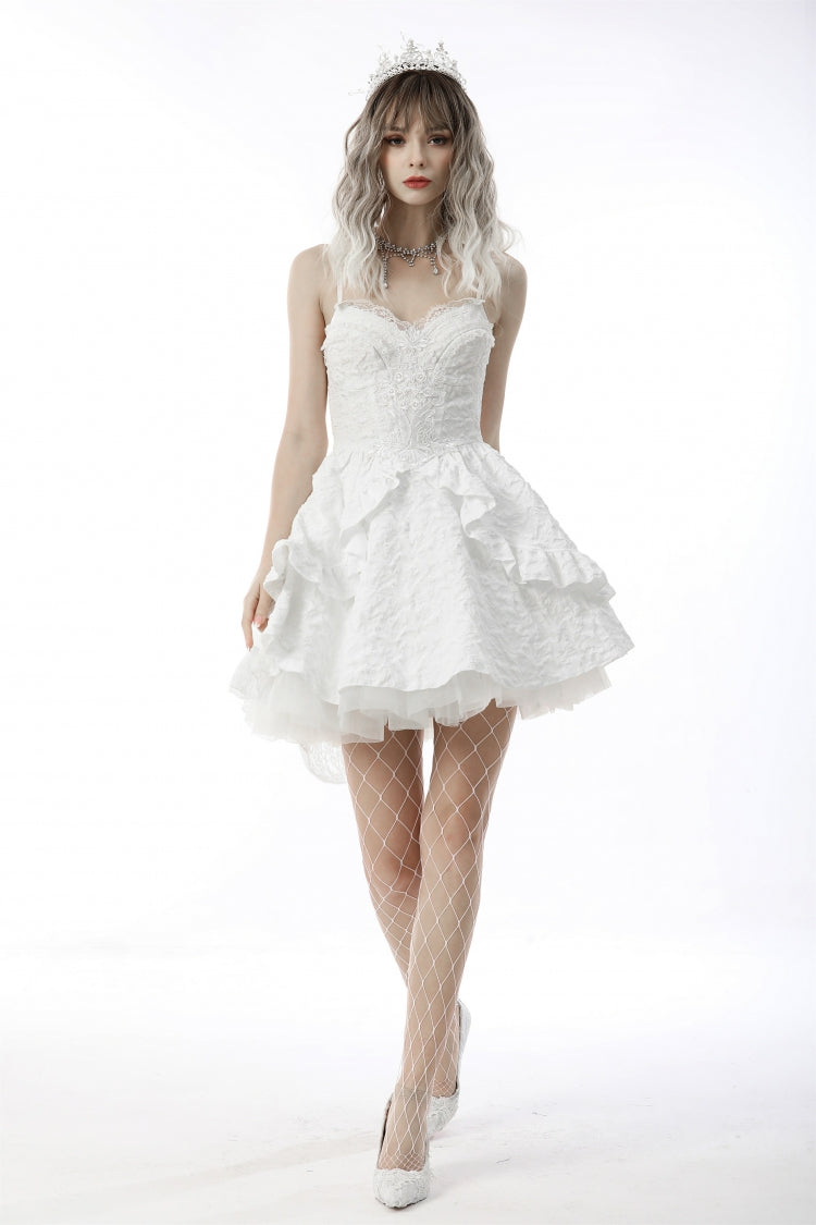 White Sleeveless High/Low Multi-Layered Jacquard Lace Lace-Up Women's Gothic Slip Wedding Graduation Dress - Product - 6